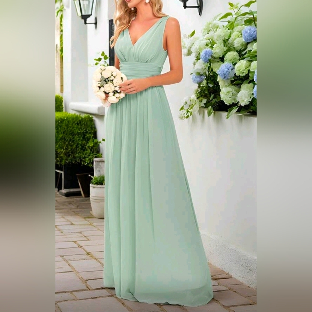 New Flowy Chiffon Pleated Waist V Neck Maxi Gown Dress Light Green